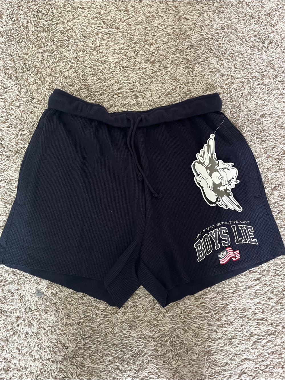 Boys Lie Black Waffle Knit Athletic Shorts with Graphic Patch